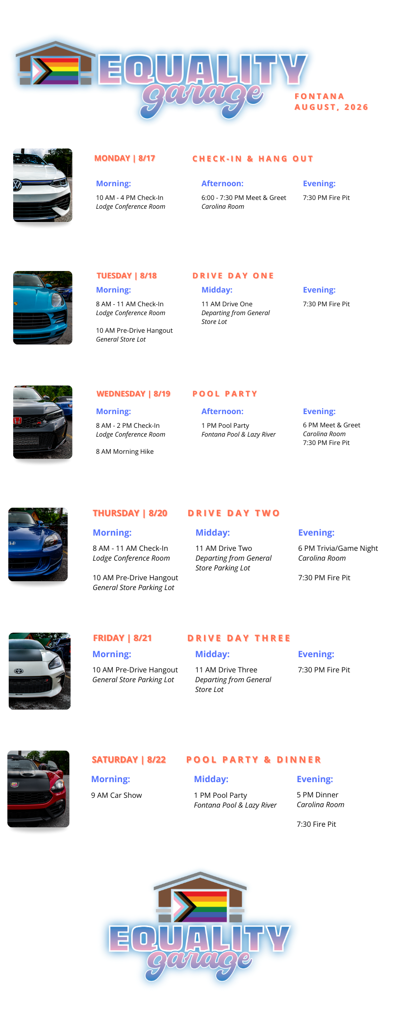 Equality Garage 2026 Itinerary